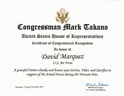 Certificate of Appreciation from Congressman Mark Takano